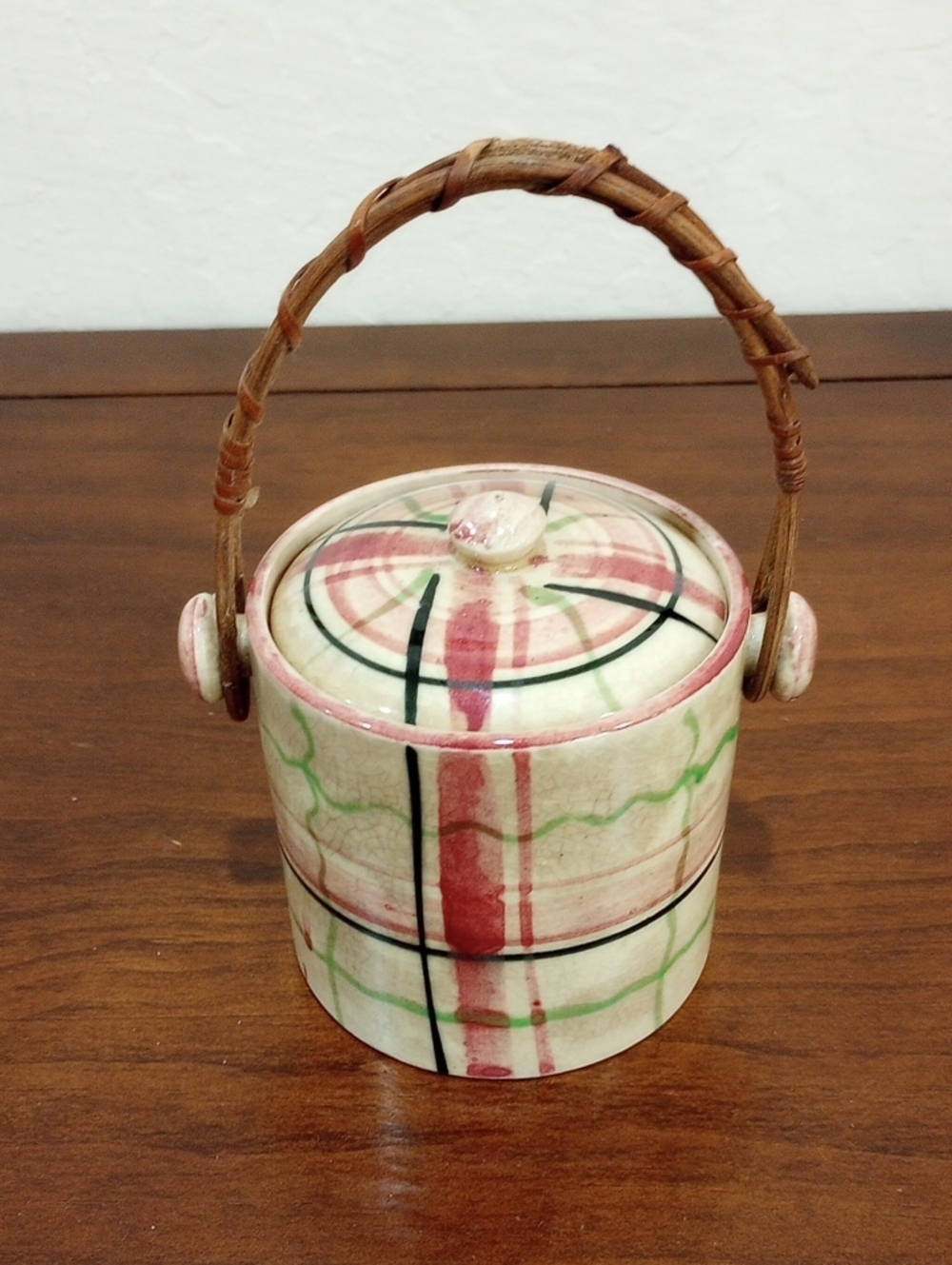 Japanese Porcelain Tea Caddy Biscuit Barrel With Woven Handle - Vintage!